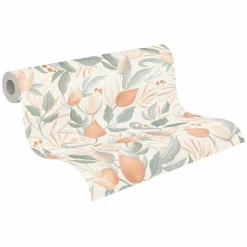 Vliestapete Blätter Blumen Creme Orange Grün 79062-4