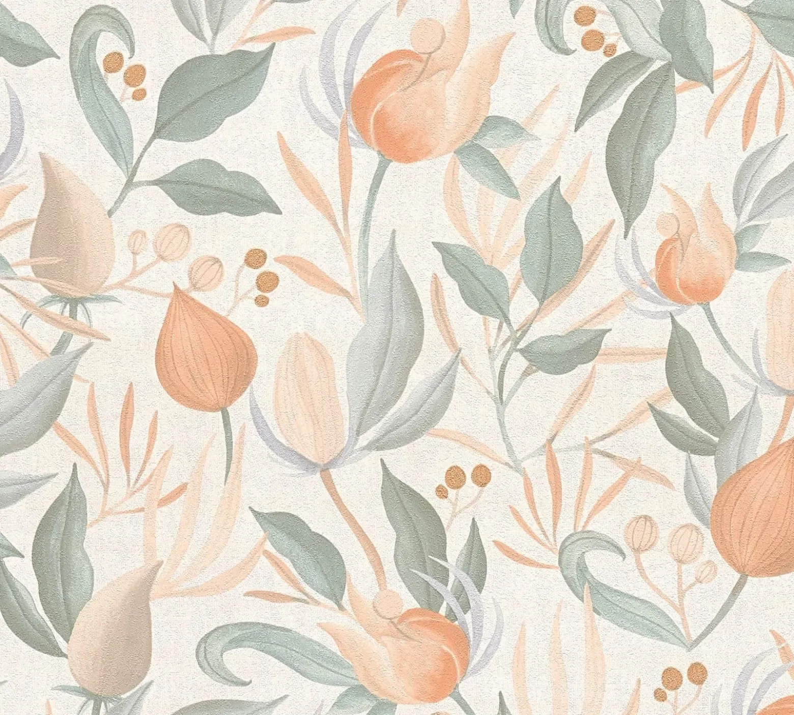Vliestapete Blätter Blumen Creme Orange Grün 79062-4