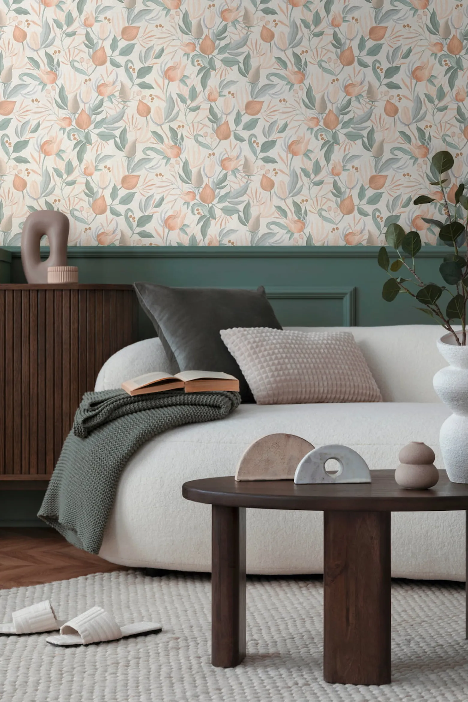 Vliestapete Blätter Blumen Creme Orange Grün 79062-4