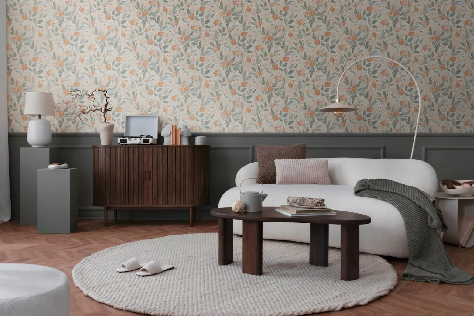 Vliestapete Blätter Blumen Creme Orange Grün 79062-4