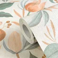 Vliestapete Blätter Blumen Creme Orange Grün 79062-4