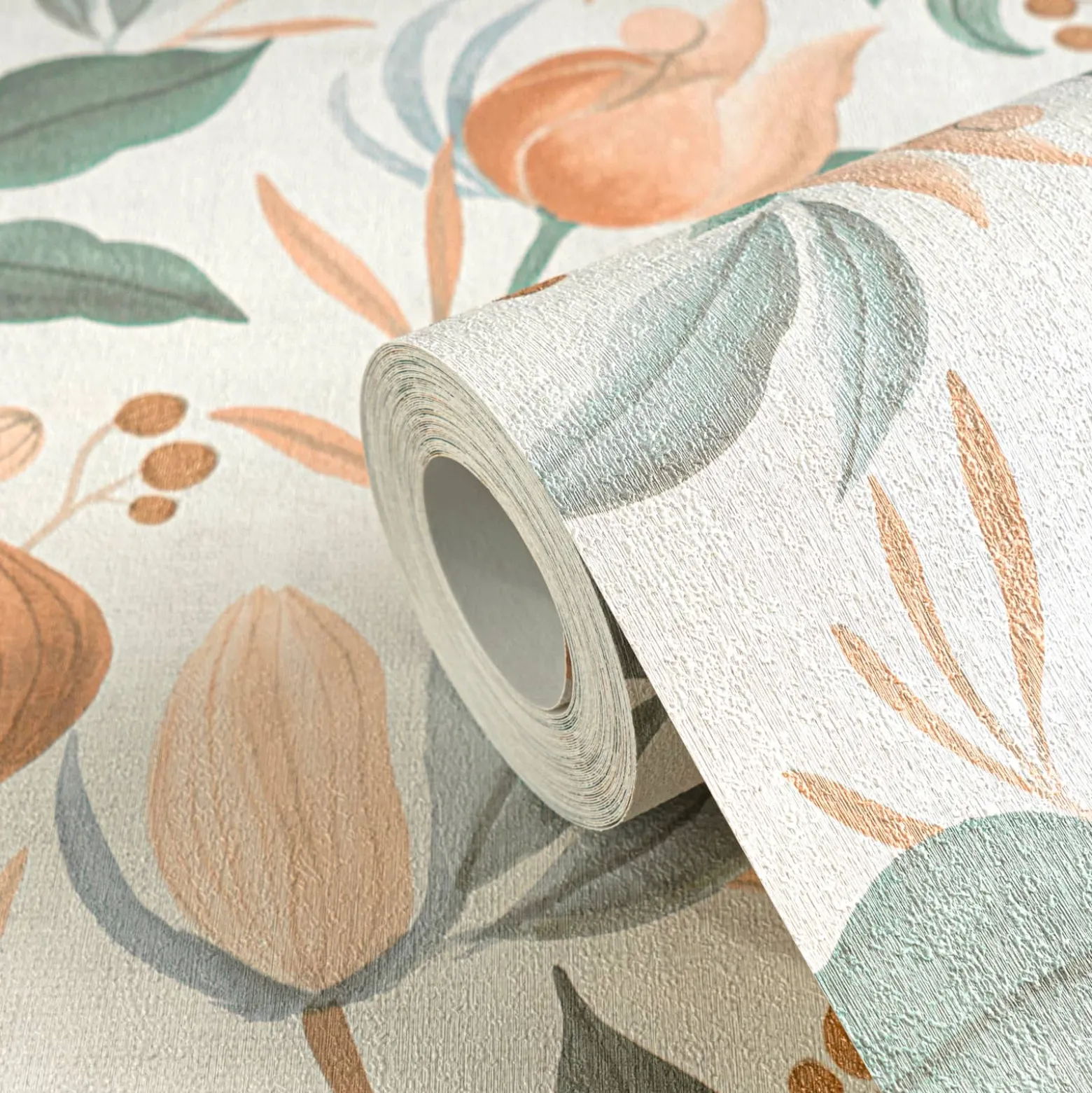 Vliestapete Blätter Blumen Creme Orange Grün 79062-4
