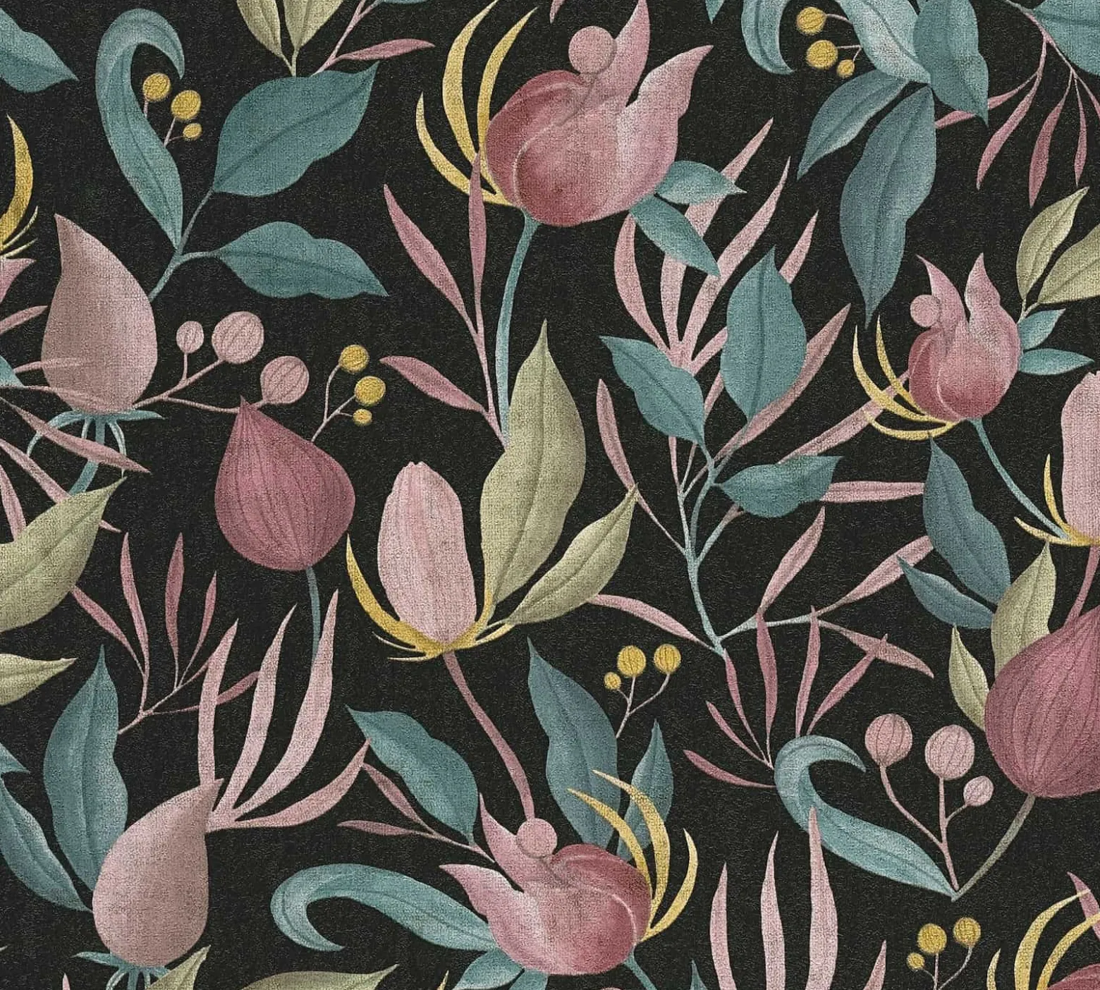 Vliestapete Blätter Blumen Schwarz Rosa Grün 79062-2