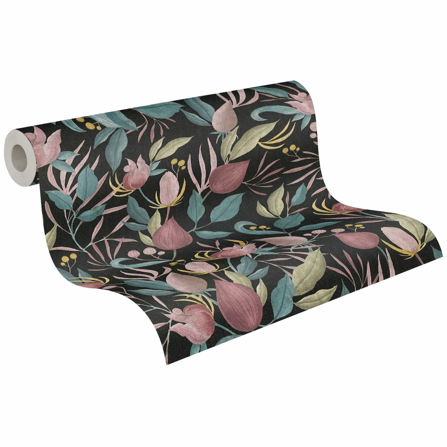 Vliestapete Blätter Blumen Schwarz Rosa Grün 79062-2