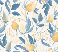 Vliestapete Blätter Blumen Weiß Blau Gelb 79062-6