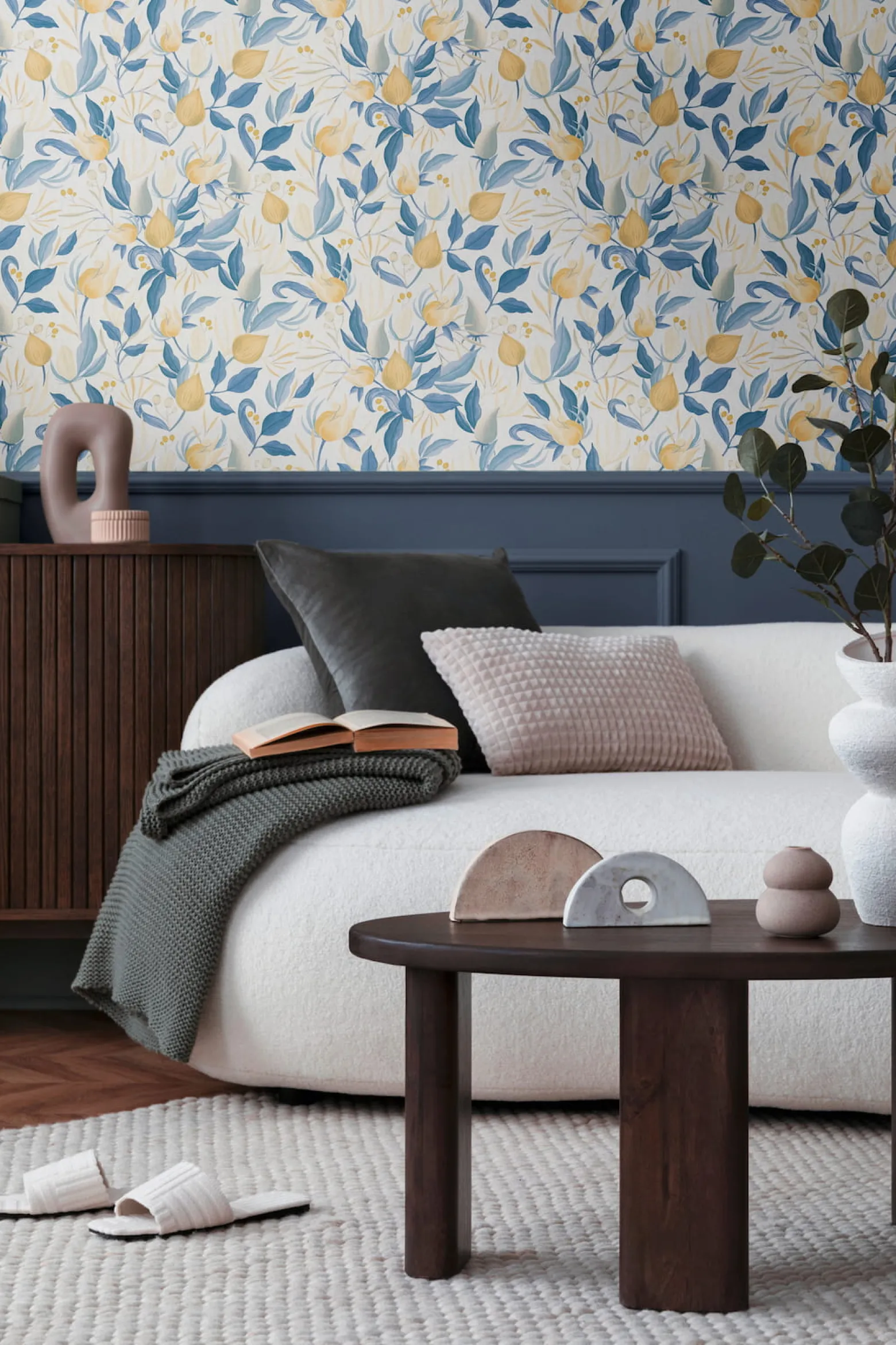 Vliestapete Blätter Blumen Weiß Blau Gelb 79062-6