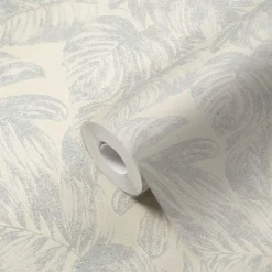 Vliestapete Blätter Creme Grau Silber Metallic 39340-3