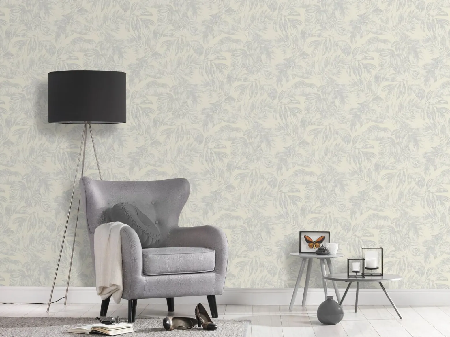 Vliestapete Blätter Creme Grau Silber Metallic 39340-3