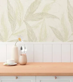 Vliestapete Blätter Creme Grün Silber Metallic 79096-1