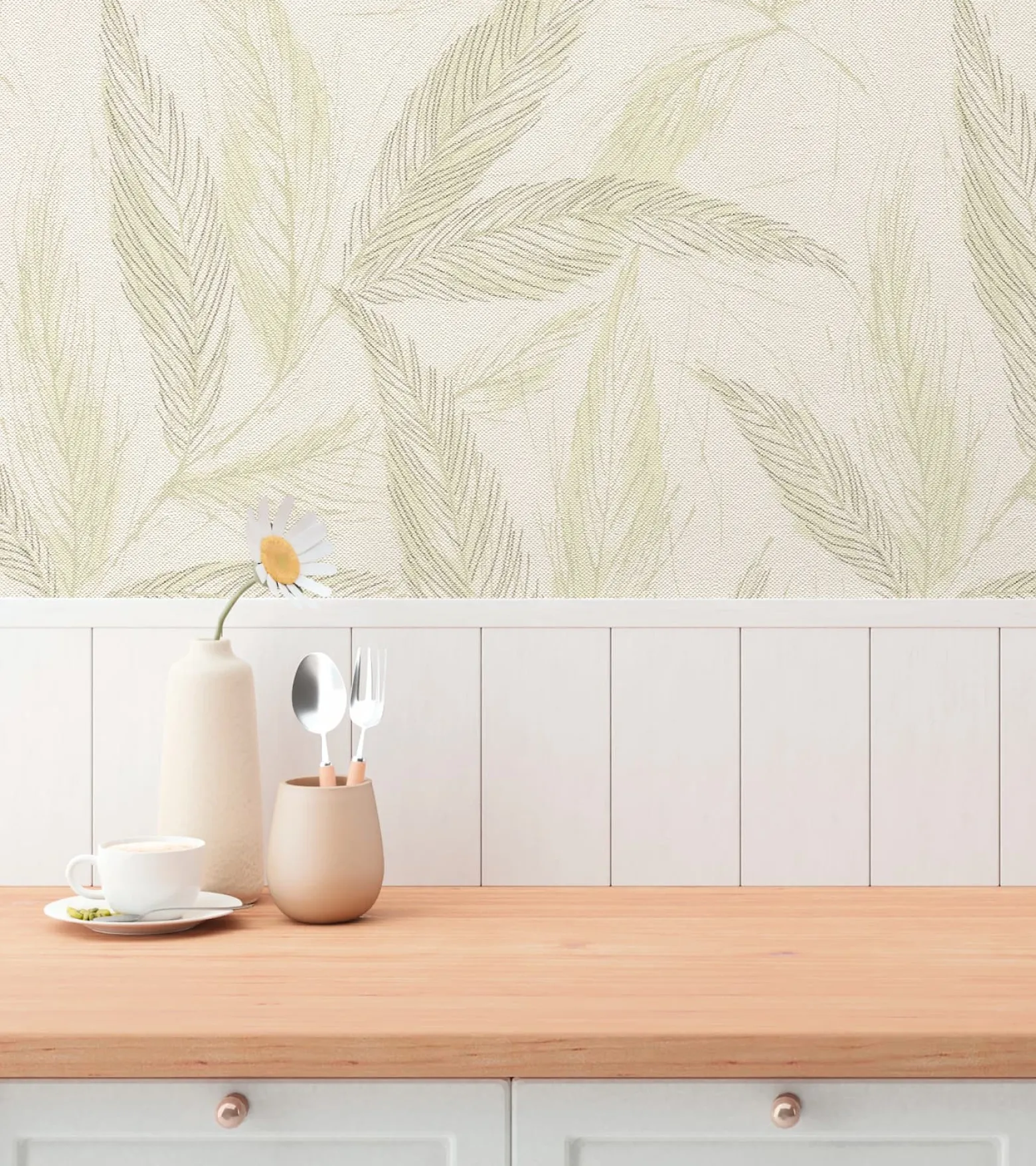 Vliestapete Blätter Creme Grün Silber Metallic 79096-1