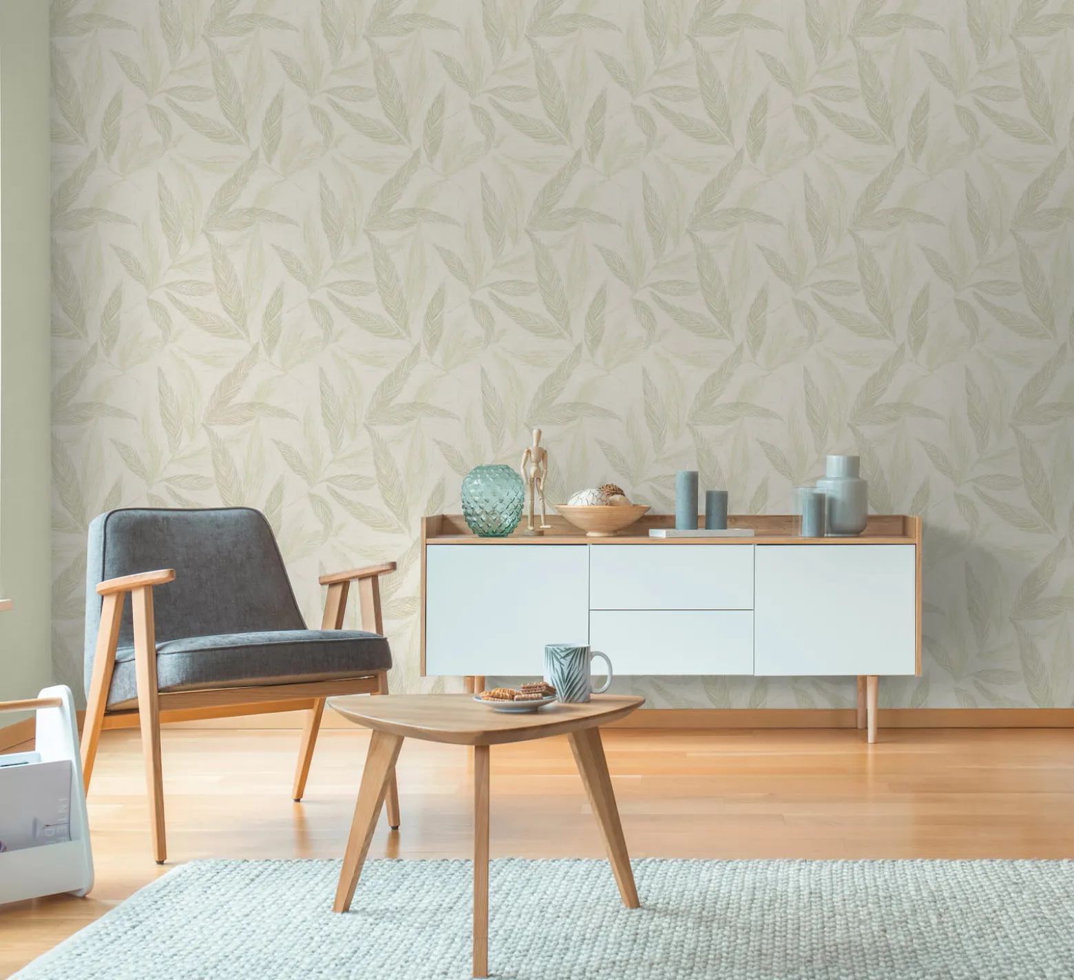 Vliestapete Blätter Creme Grün Silber Metallic 79096-1