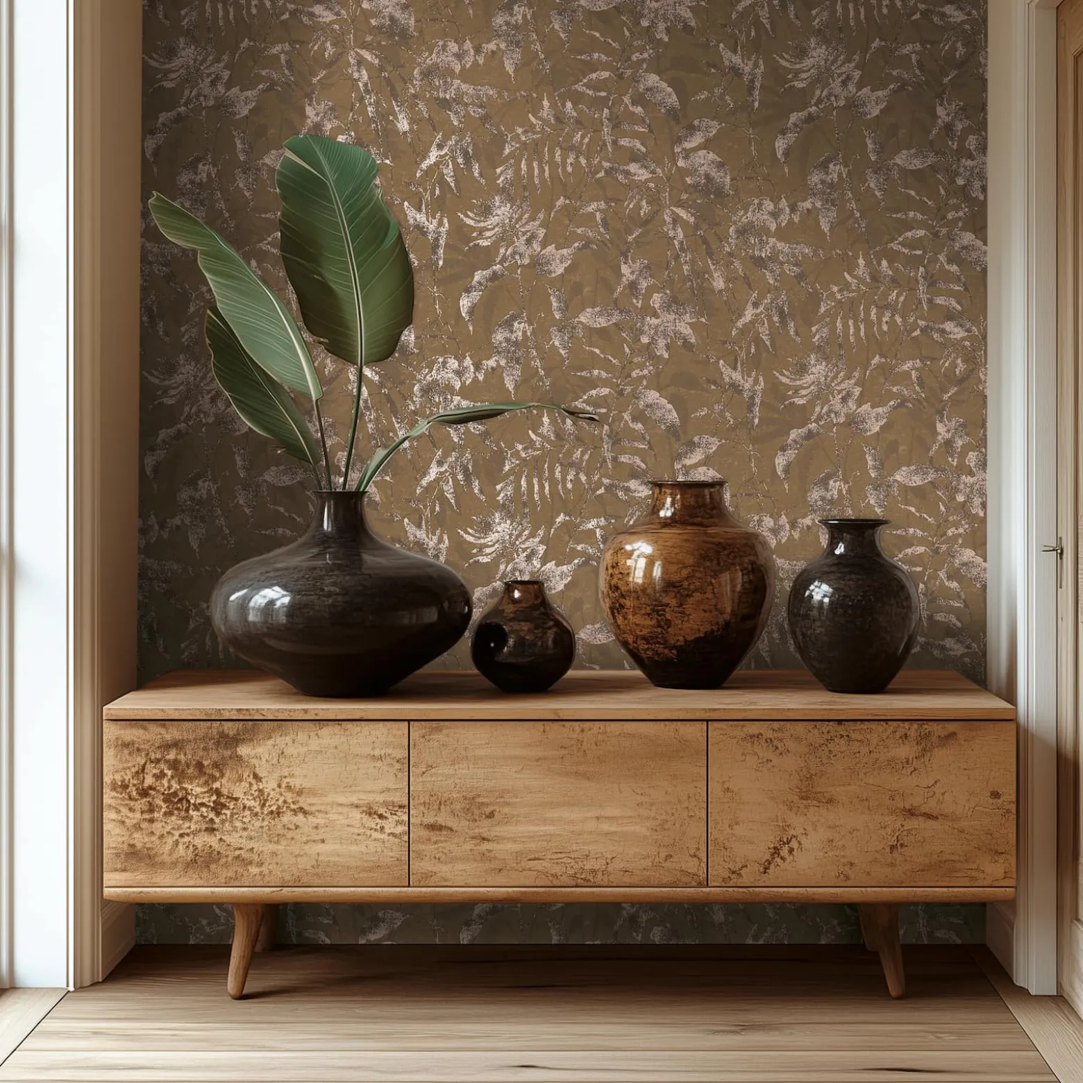 Vliestapete Blätter Dschungel Braun Beige Metallic 78203-4
