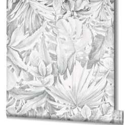 Vliestapete Blätter Dschungel Floral grau weiß 33308
