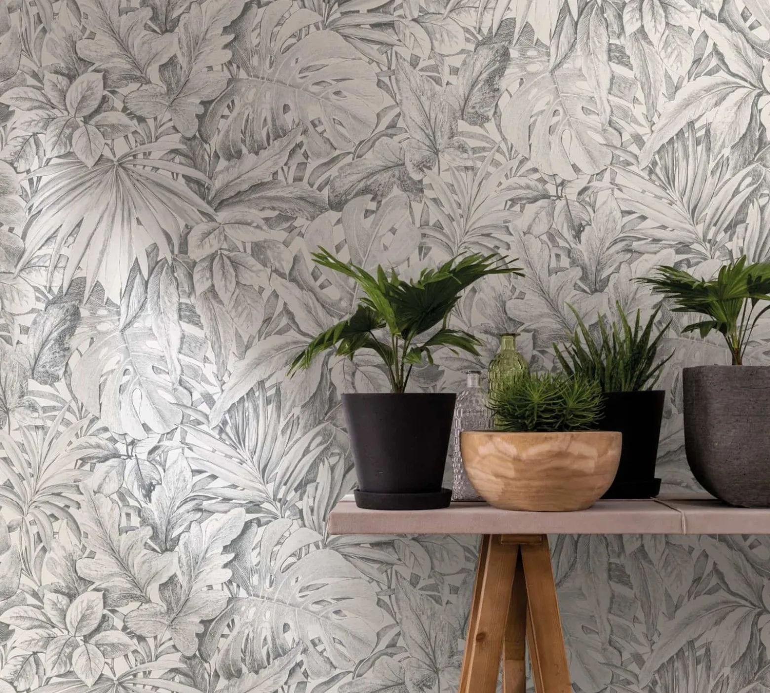 Vliestapete Blätter Dschungel Floral grau weiß 33308