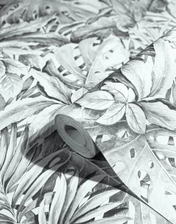 Vliestapete Blätter Dschungel Floral grau weiß 33308