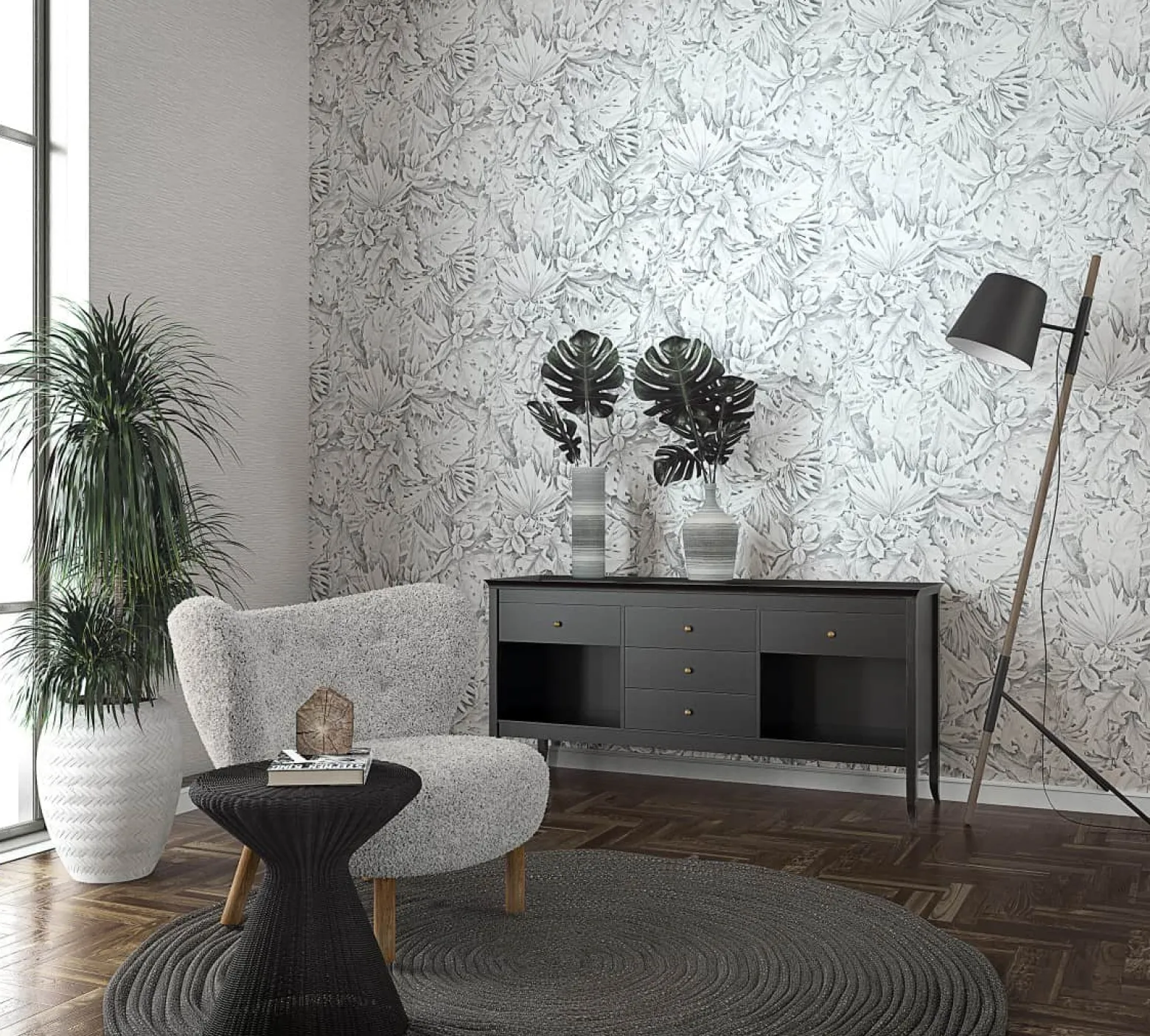 Vliestapete Blätter Dschungel Floral grau weiß 33308