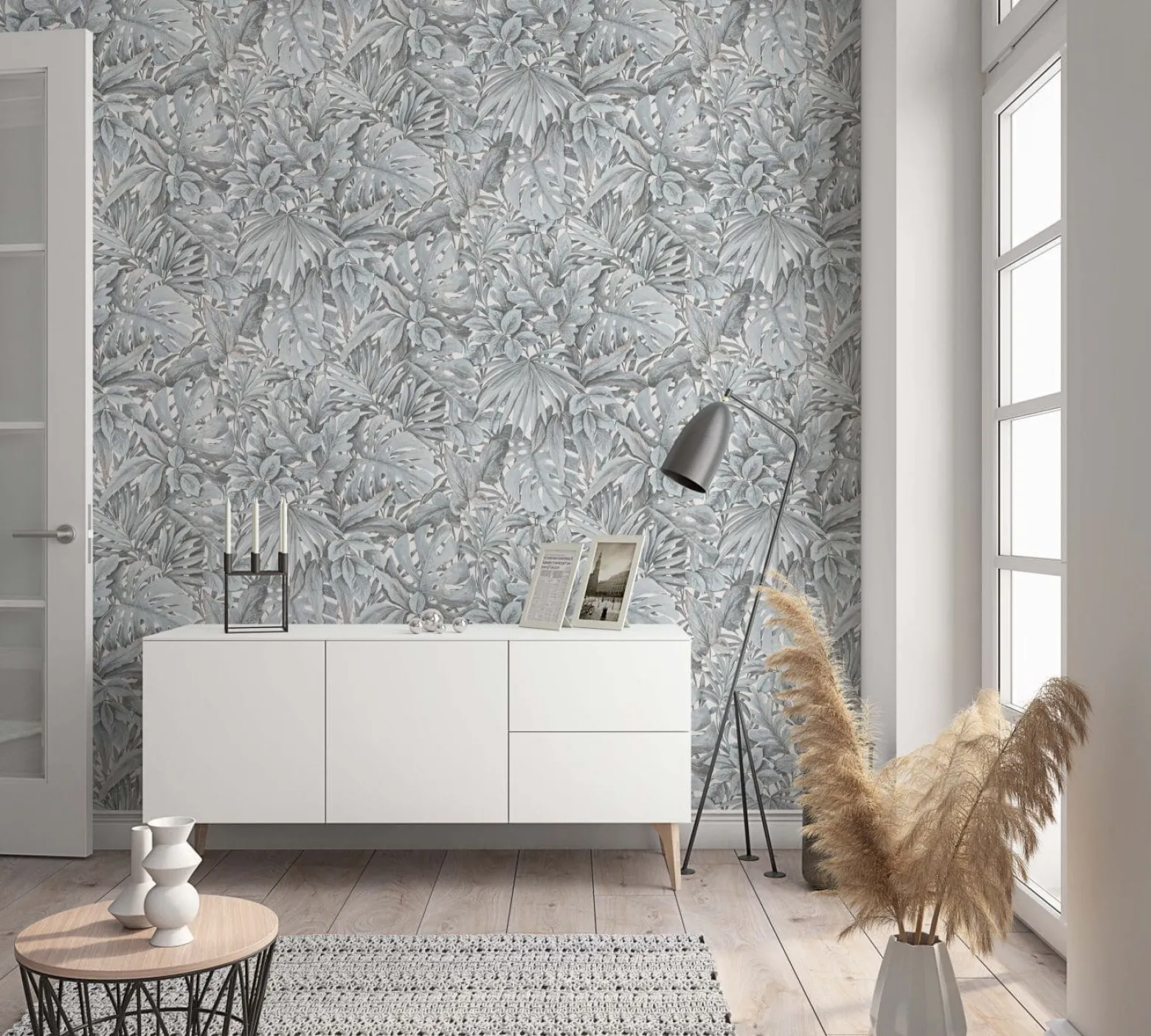 Vliestapete Blätter Dschungel Floral grau-blau 33306