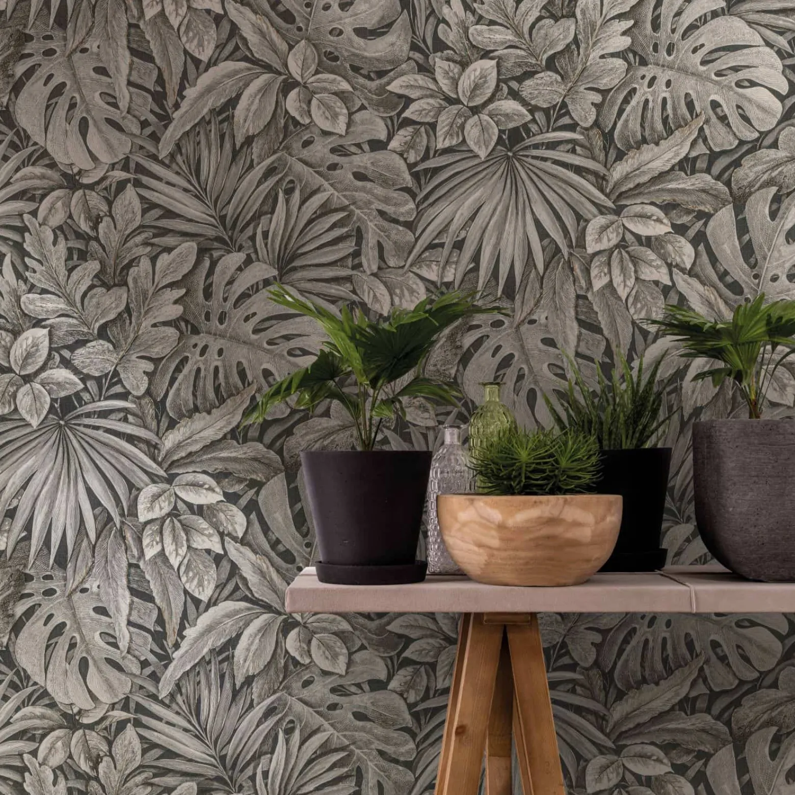 Vliestapete Blätter Dschungel Floral taupe schwarz 33305