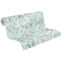 Vliestapete Blätter Farne Metallic Weiß Grün 39120-1