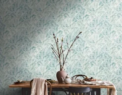 Vliestapete Blätter Farne Metallic Weiß Grün 39120-1