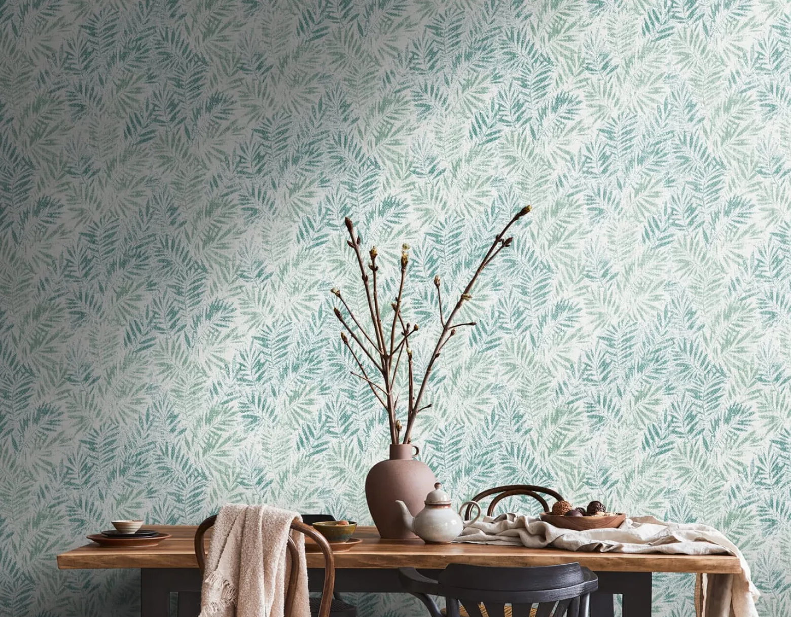 Vliestapete Blätter Farne Metallic Weiß Grün 39120-1