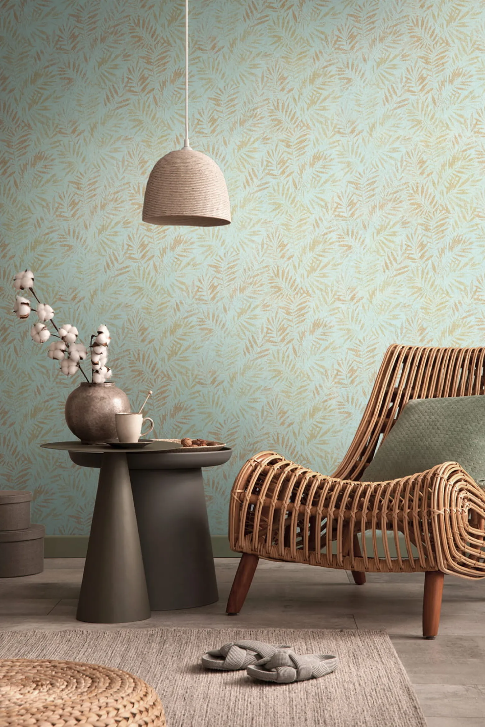 Vliestapete Blätter Farne Metallic Türkis Gold 39120-4