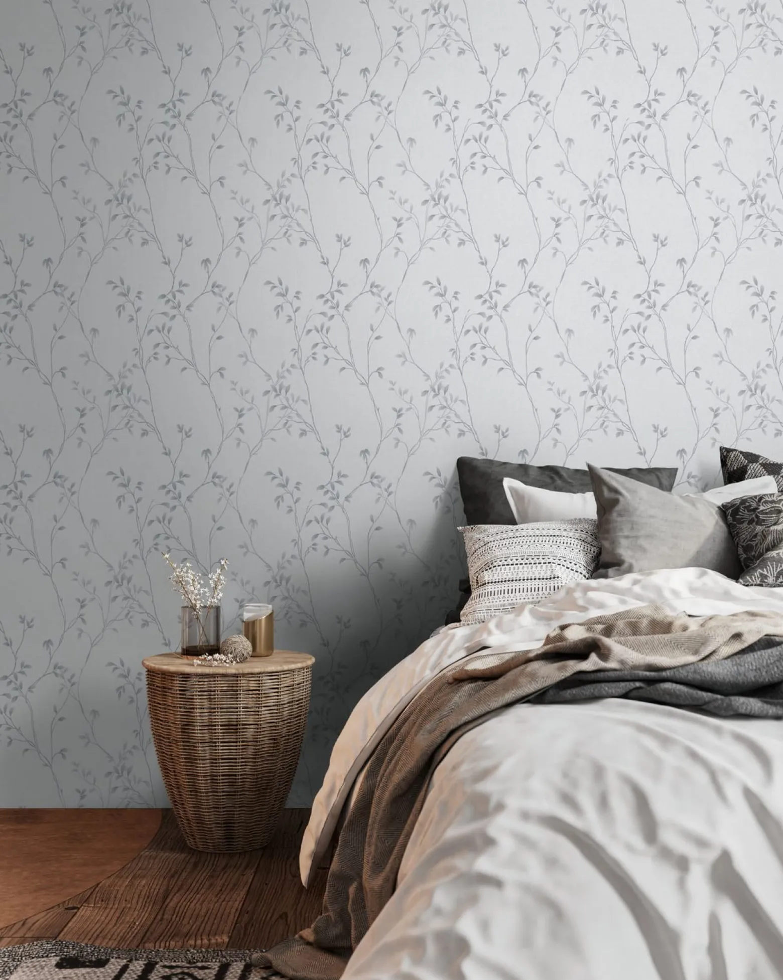 Vliestapete Blätter Floral Aquarell Weiß Grau 39767-3
