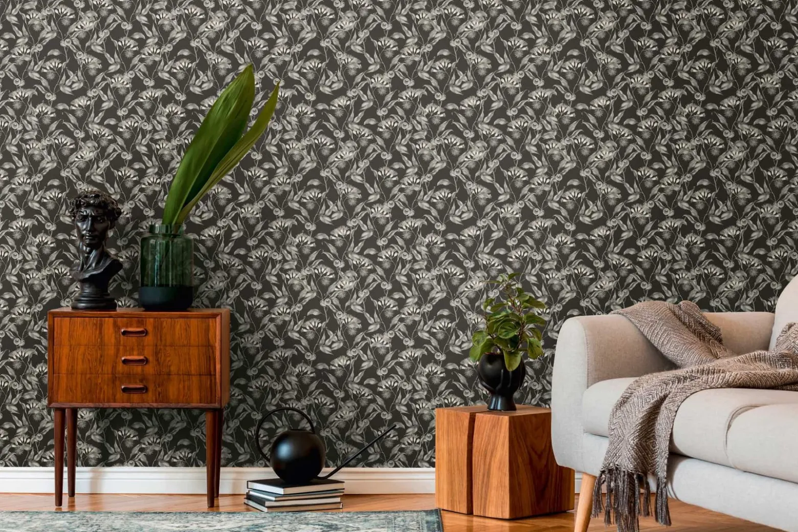 Vliestapete Blätter Floral Beeren Schwarz Weiß 39430-2
