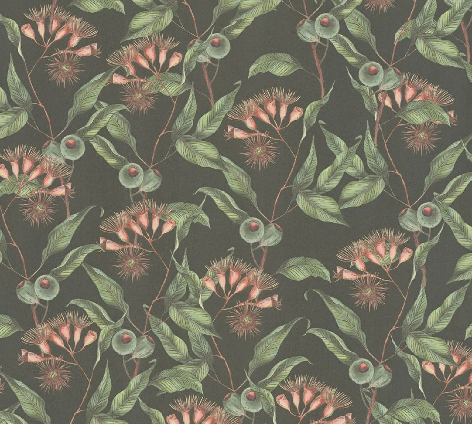 Vliestapete Blätter Floral Beeren Schwarz Grün 39430-1