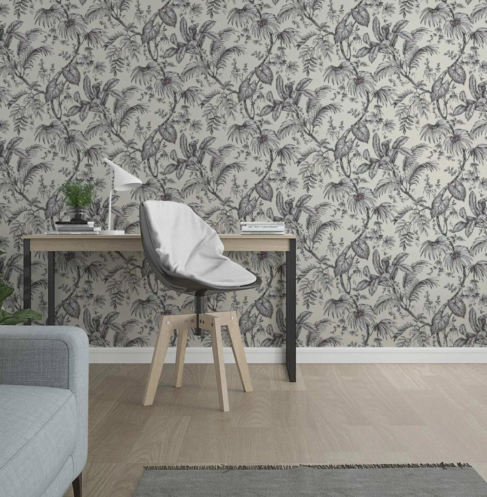 Vliestapete Blätter Floral Beige Schwarz Weiß 82338