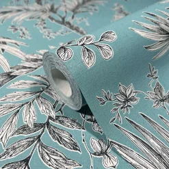 Vliestapete Blätter Floral Blau Schwarz Weiß 82340