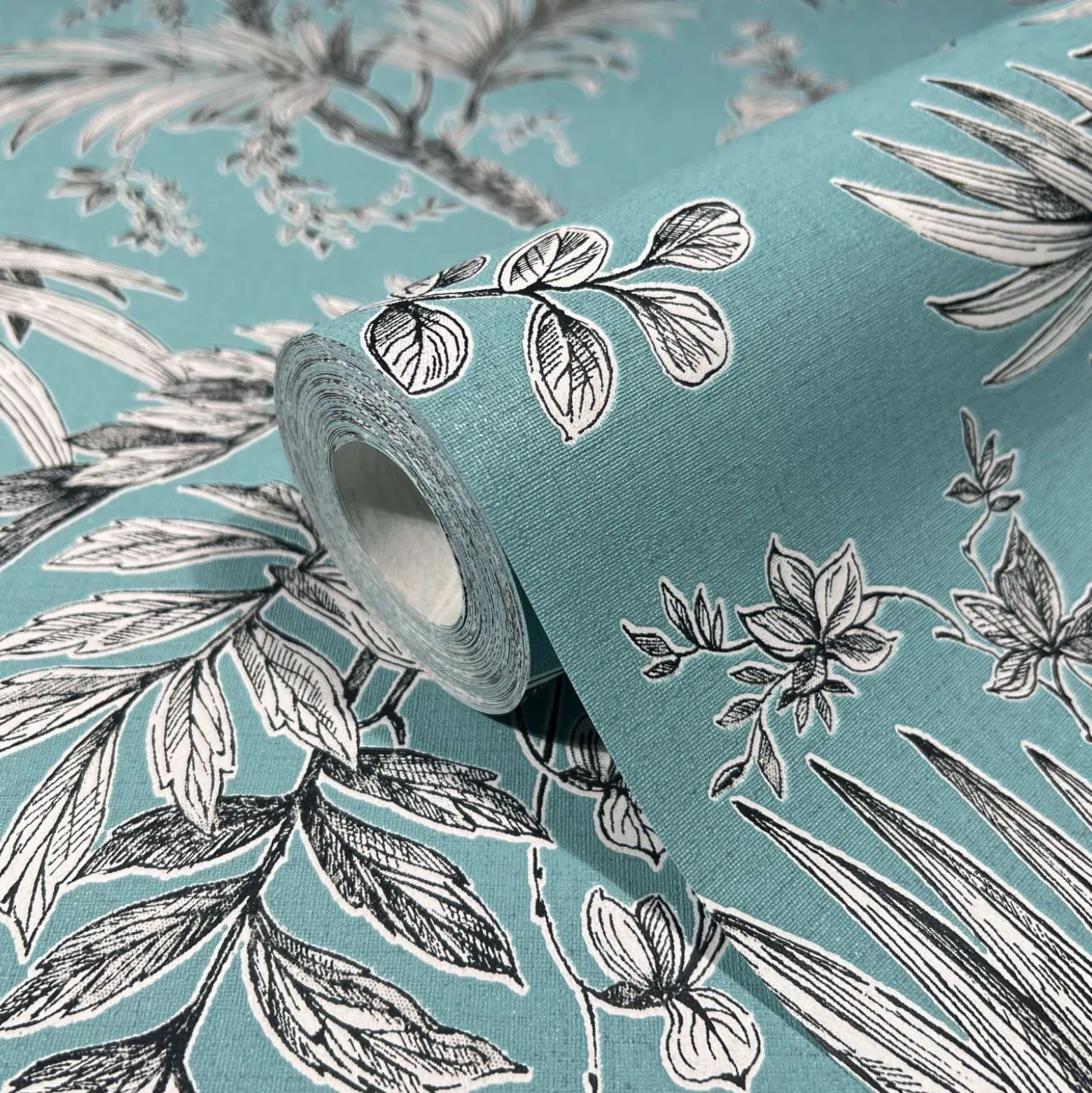 Vliestapete Blätter Floral Blau Schwarz Weiß 82340