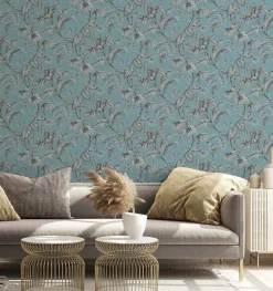 Vliestapete Blätter Floral Blau Schwarz Weiß 82340