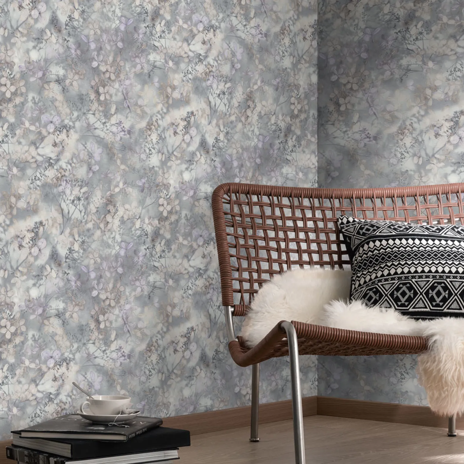 Vliestapete Blätter Floral Grau Lila Creme 10415-31