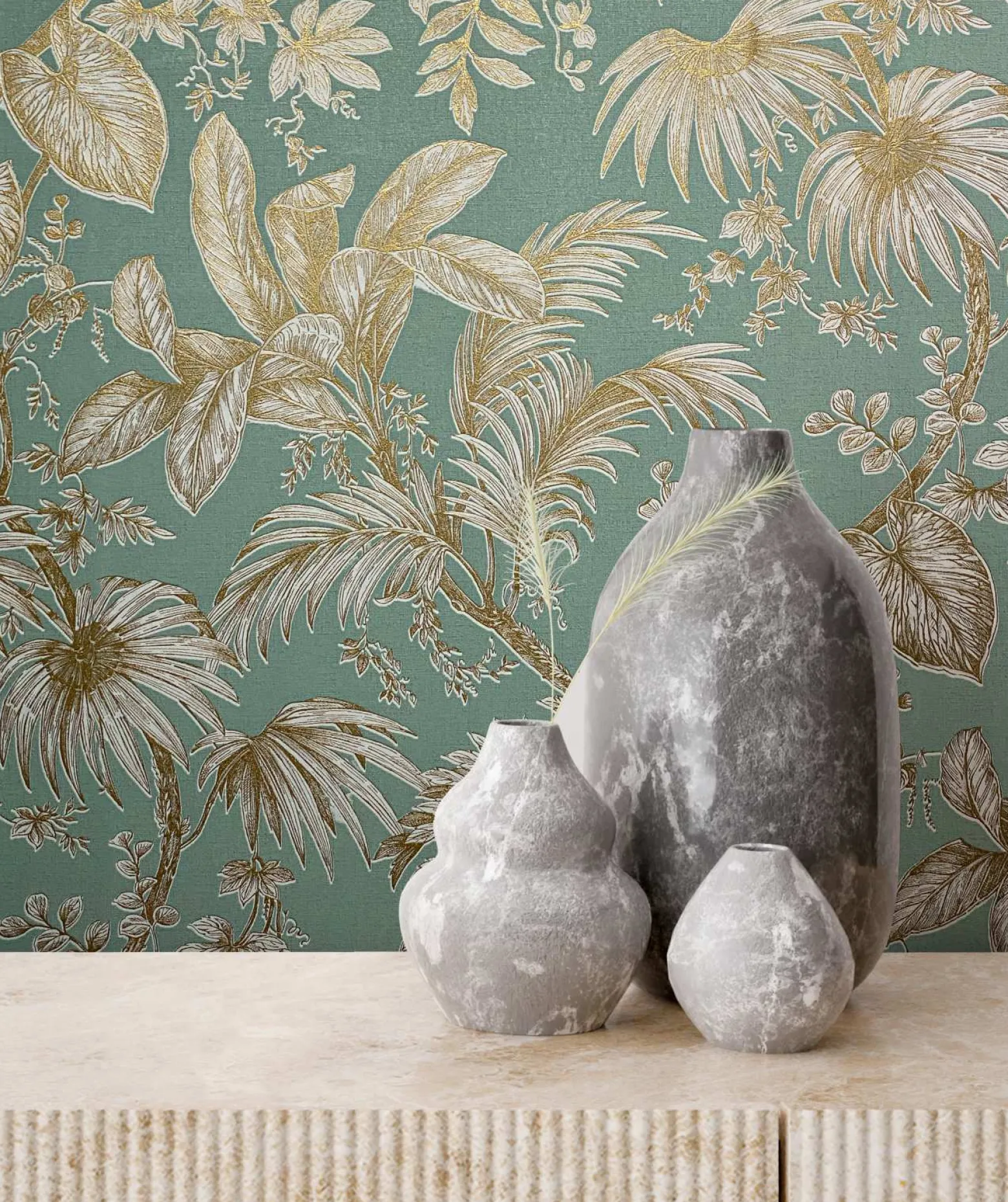Vliestapete Blätter Floral Grün Gold Metallic 82341