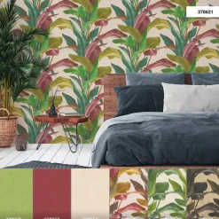 Vliestapete Blätter Floral grün rot weiß 37862-1