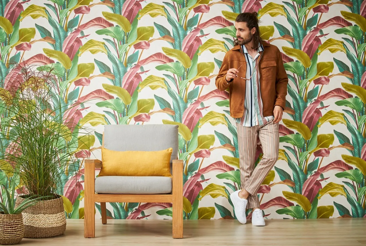 Vliestapete Blätter Floral grün rot weiß 37862-1