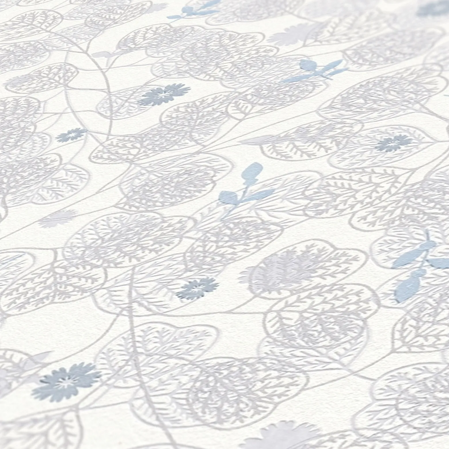 Vliestapete Blätter Floral Skandi Weiß Blau 39111-1