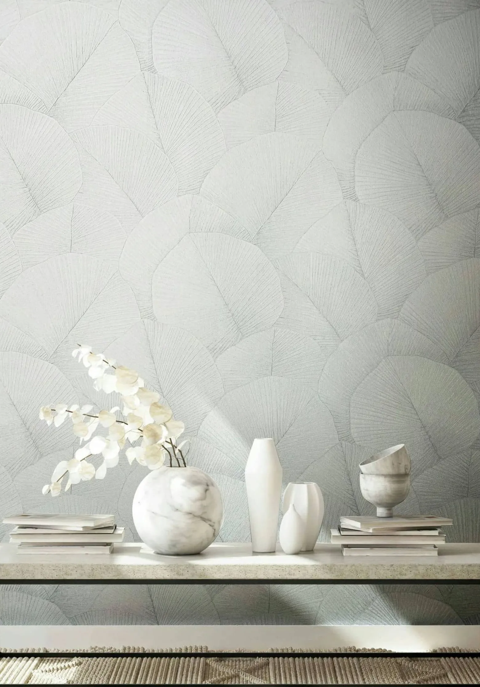 Vliestapete Blätter Floral Struktur Weiß Grau 34507