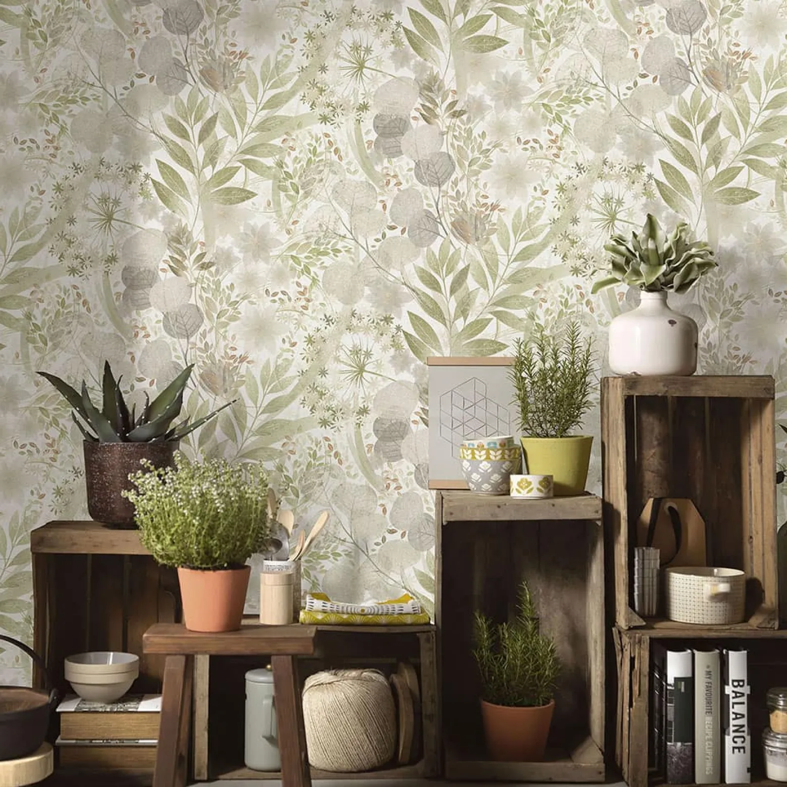 Vliestapete Blätter Floral Weiß Grün Braun 10506-35