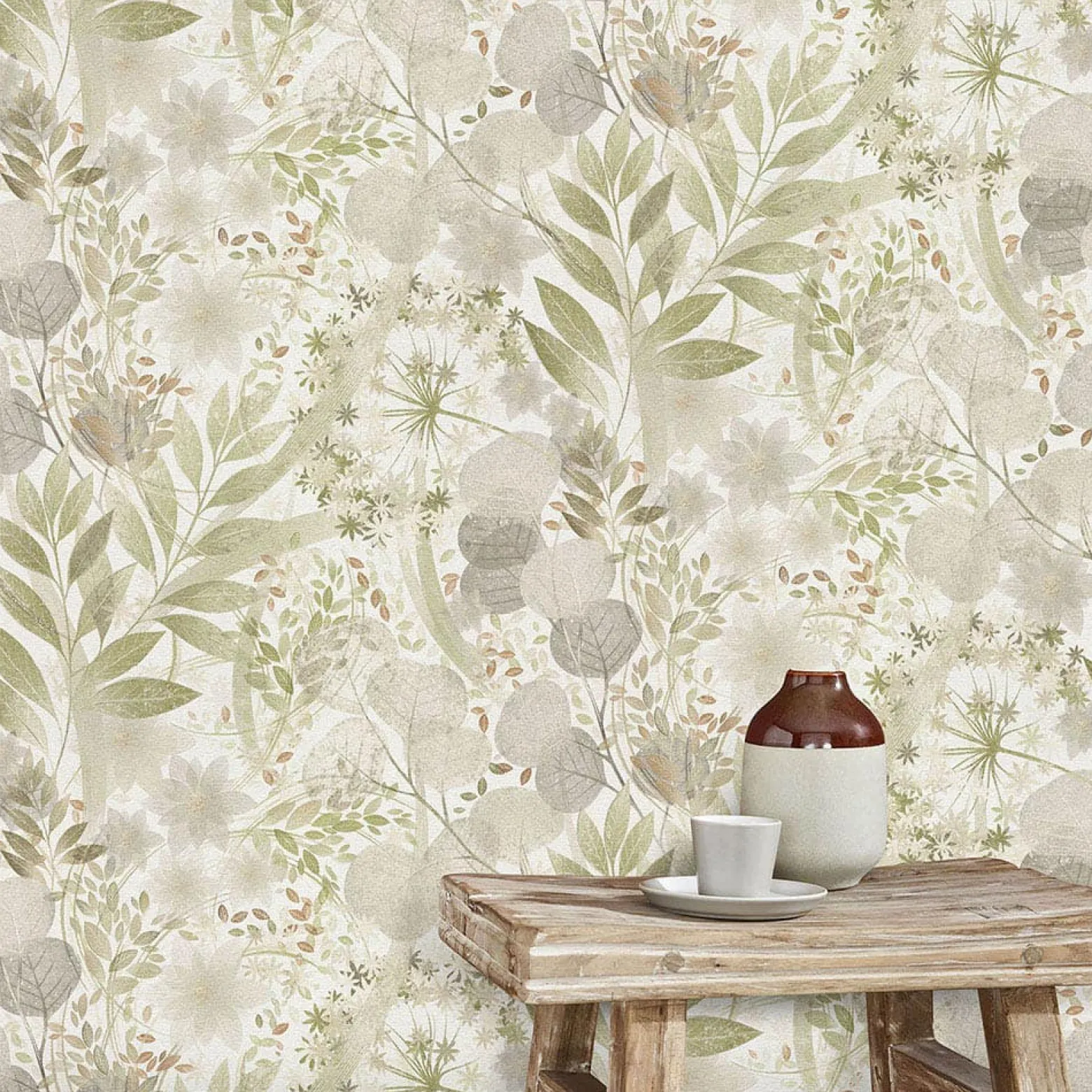 Vliestapete Blätter Floral Weiß Grün Braun 10506-35