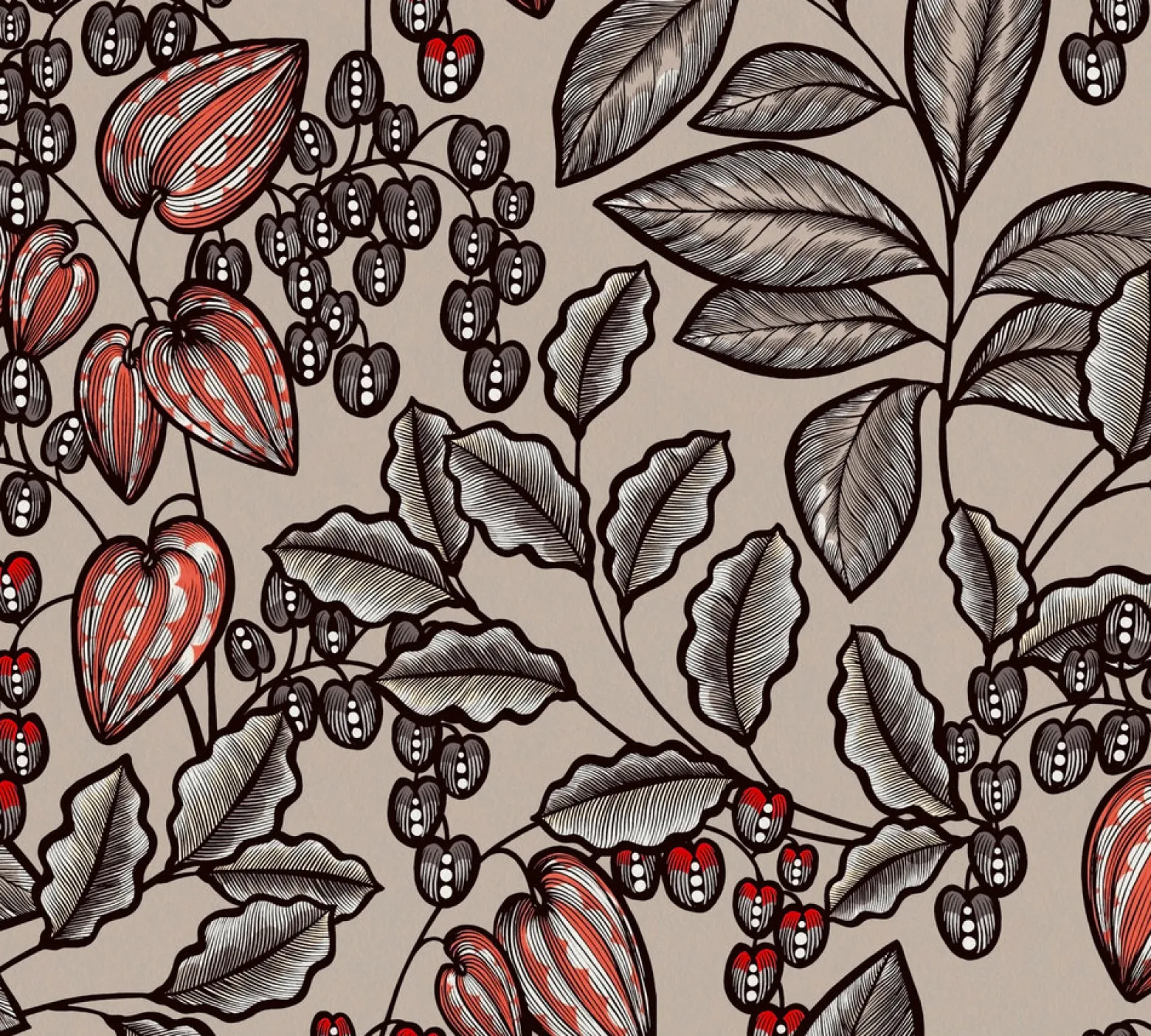 Vliestapete Blätter Früchte beige grau rot 37754-3