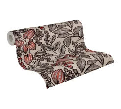 Vliestapete Blätter Früchte beige grau rot 37754-3
