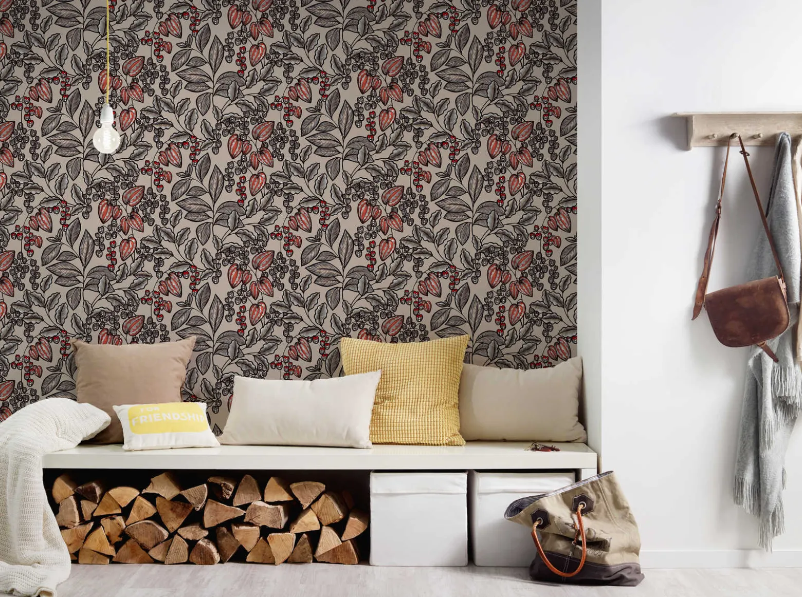 Vliestapete Blätter Früchte beige grau rot 37754-3
