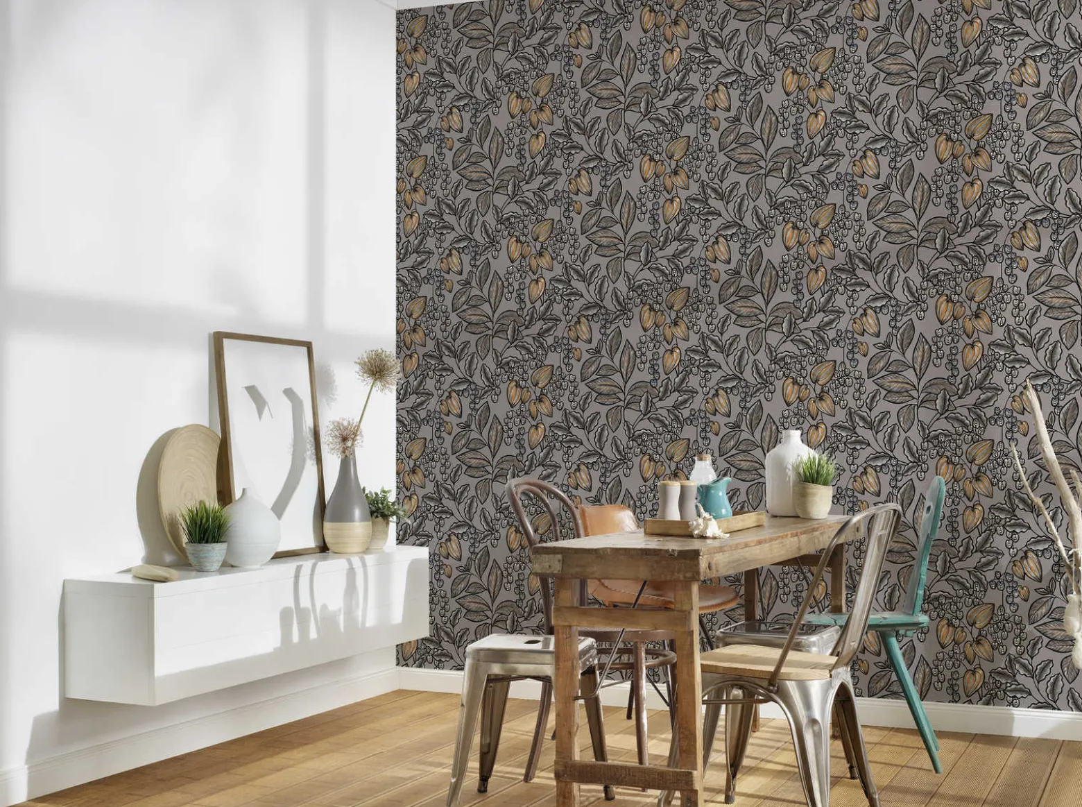 Vliestapete Blätter Früchte taupe weiß 37754-9