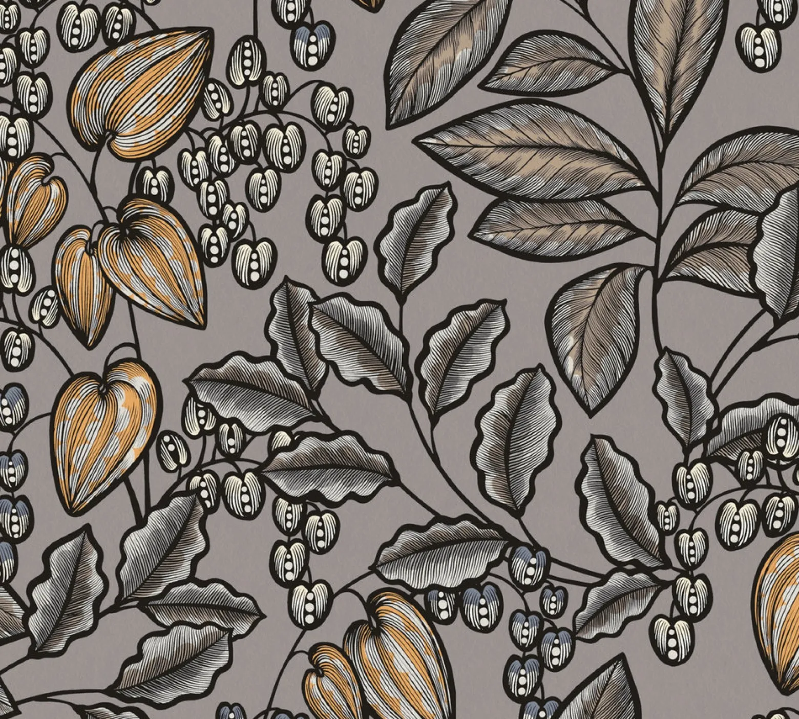 Vliestapete Blätter Früchte taupe weiß 37754-9