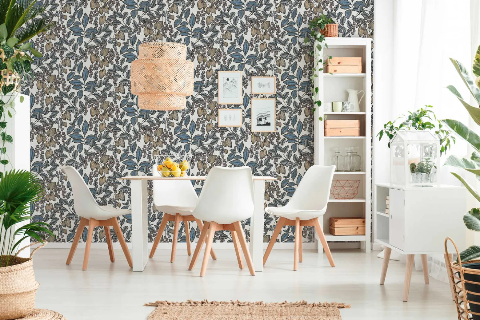 Vliestapete Blätter Früchte weiß gelb blau 37754-8
