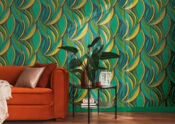 Vliestapete Blätter Grafisch Grün Kupfer Metallic 78655-1