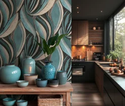 Vliestapete Blätter Grafisch Blau Silber Metallic 78655-2