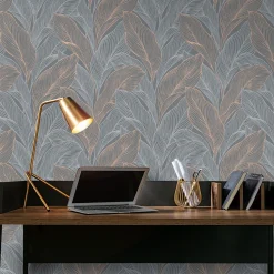 Vliestapete Blätter Grau Kupfer Metallic 10282-10